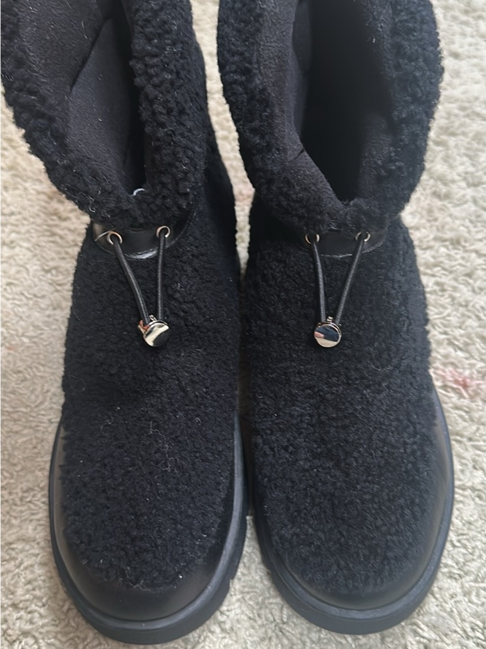 Marc Fisher Black Fleece-Style Pull-Cord Winter Boots